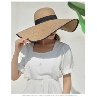  👒sun hat👒หมวกสานผู้หญิง หมวกสานปีกกว้าง 15CM กันแดด แฟชั่น เกรดดี หมวกเที่ยวทะเล รุ่นA053 สีขาว ครีม กากี สีดำ