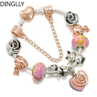 Dinglly สร้อยข้อมือ ลูกปัดหัวใจ สีโรสโกลด์ สุนัข และแมว สําหรับผู้หญิง DIY สีเงิน ยูนิคอร์น สร้อยข้อมือลูกปัด และเครื่องประดับกําไลข้อมือ