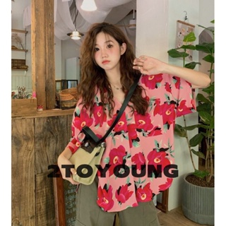 2TOYOUNG เสื้อครอป เสื้อผู้หญิงแฟชั่น แขนเสื้อยาว floral resort shirt MA1605