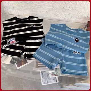 ชุดเสื้อกั๊กฤดูร้อนสำหรับเด็กผู้ชาย 2023 New Boys Cartoon Soft Striped Vest/Two Piece Trend เสื้อผ้าเด็กผู้ชาย