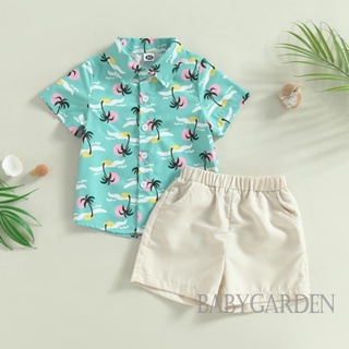 Babygarden- ชุดเสื้อเชิ้ตแขนสั้น พิมพ์ลายต้นมะพร้าว และกางเกงขาสั้น ลําลอง แบบยืดหยุ่น แฟชั่นฤดูร้อน สําหรับเด็กผู้ชาย