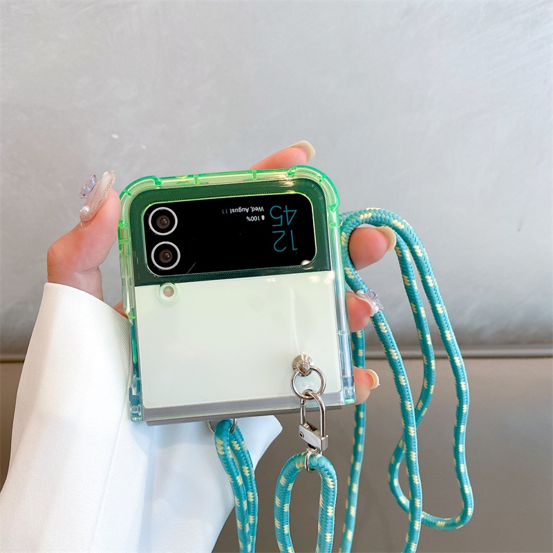 เคสโทรศัพท์มือถือแบบนิ่ม-กันกระแทก-พร้อมสายโซ่คล้องยาว-ไล่โทนสี-แฟชั่น-สําหรับ-samsung-galaxy-z-flip-4-5g-z-flip-3