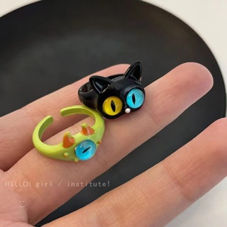 แหวนอัลลอย รูปตาแมว ตาโต สีดํา สไตล์เกาหลี สําหรับผู้หญิง
