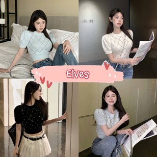 Elves✨พร้อมส่ง✨ เสื้อไหมพรมแขนสั้น คอกลม ดีเทลปักเพชรทั้งตัวสีพาสเทล ~63042~