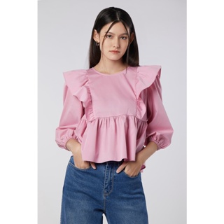 EP เสื้อเบลาส์แขนพองแต่งระบาย ผู้หญิง สีชมพู | Puff Sleeve Blouse with Ruffle Details | 4491