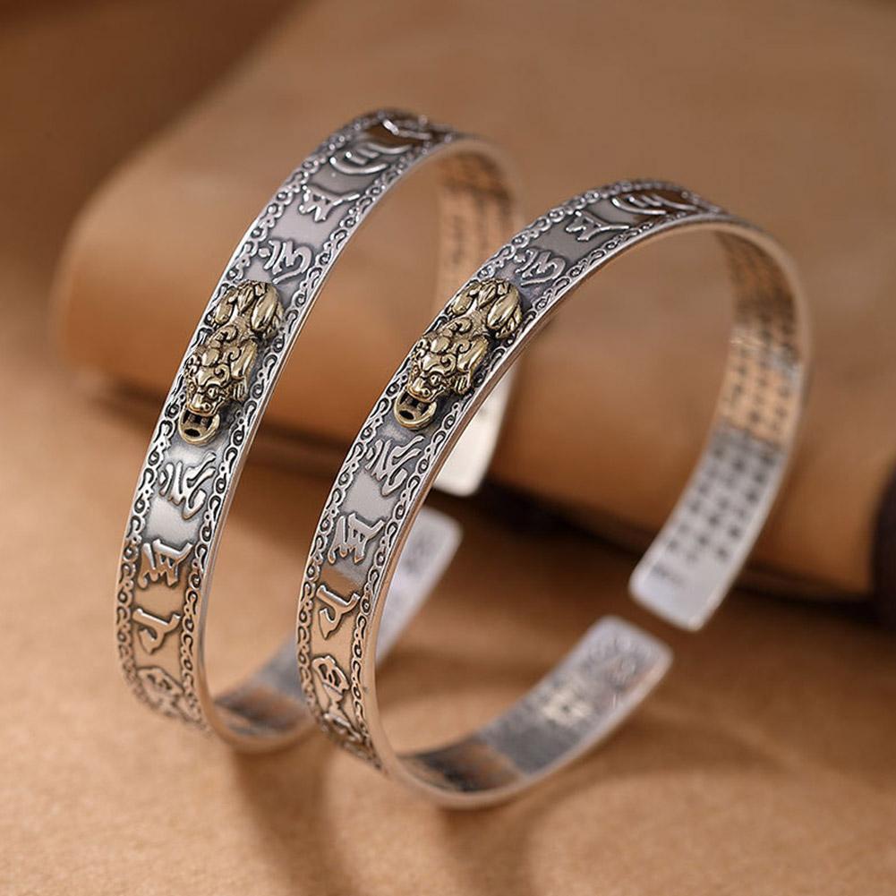 women-girls-charm-bangle-bracelet-alloy-silver-vintage-ladies-fortune-luck-zhaocai-pixiu-jewellery-accessories-six-character-truth-open-adjustable