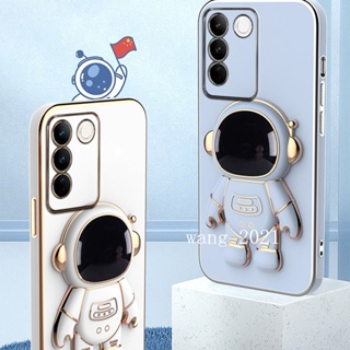 Plating Astronaut Stand Phone Case for VivoV27 VIVO V27e V27 Pro 5G Y02A เคส Luxury Electroplating Square Casing VIVO V27 5G Camera Lens Protective Soft Case เคสโทรศัพท
