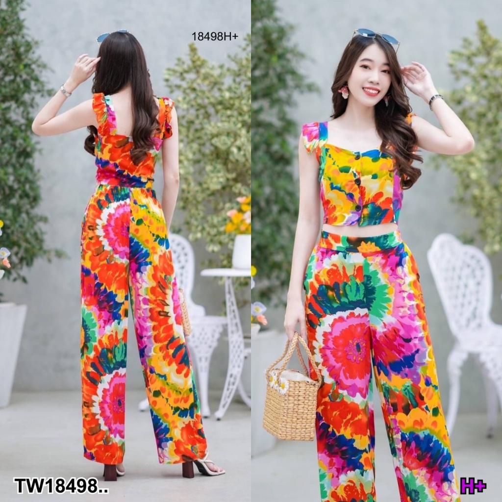 s4u-พร้อมส่ง-set-เสื้อสายเดี่ยวมัดย้อม-กางเกงขายาวมัดย้อม-เสื้อผ้าแฟชั่นผู้หญิง-ชุดไปทะเล-ชุดเซ็ท-ชุดทำงาน-สาวอวบ