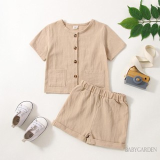 Babygarden-6m-5y ชุดเสื้อผ้าเด็กผู้ชาย แขนสั้น สีพื้น ติดกระดุม เสื้อยืด และกางเกงขาสั้น ผ้ายืด ลําลอง