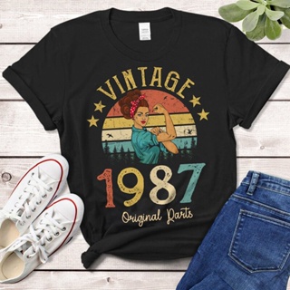 เสื้อยืดแขนสั้น ผ้าฝ้าย สไตล์วินเทจ 1987 ของขวัญวันเกิด 35 ปี