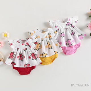 Babygarden-0-2 ปี ชุดเสื้อผ้าเด็กผู้หญิง แขนสั้น คอกลม ลายดอกไม้ + กางเกงขาสั้น PP สีพื้น