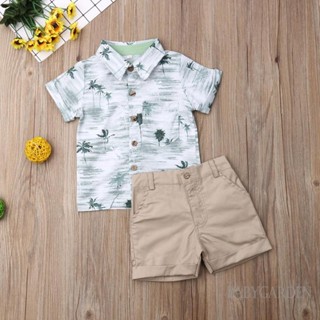 Babygarden-1-6 ปี ชุดเสื้อผ้าเด็กผู้ชาย แขนสั้น พิมพ์ลายต้นมะพร้าว กระดุมลง เสื้อยืด + กางเกง สีกากี ขาสั้น