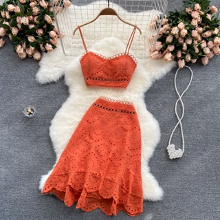 Ins holiday style suit womens summer dress sexy sling vest female designers sense of hollowed-out high-waist skirt two-piece set