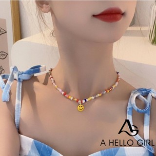 A HELLO GIRL เครื่องประดับ สร้อยคอ จี้ลูกปัด รูปการ์ตูนหน้ายิ้ม แบบไม่สม่ําเสมอ สําหรับเด็กผู้หญิง