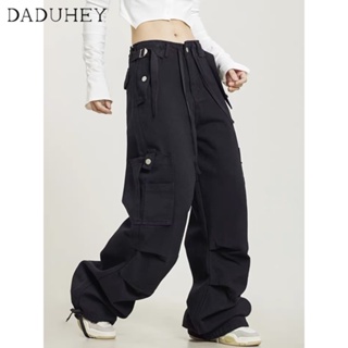 DaDuHey🎈 （3 colors）American Style Retro High Street Overalls Womens Straight Wide Leg Casual Pants 2023 New Fashion Ins Trousers Cargo Pants