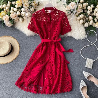 French retro style socialite temperament dress dress heart machine hollowed-out lace short-sleeved dress womens summer dress