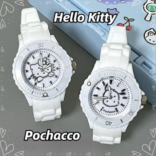 นาฬิกาข้อมือ สายซิลิโคน กันน้ํา ลายการ์ตูน Sanrio Pochacco Hello Kitty สีขาว เหมาะกับของขวัญวันเกิด สําหรับเด็ก