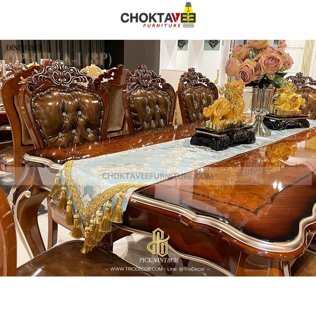 ชุดโต๊ะอาหาร-8ที่นั่ง-200cm-วินเทจ-หลุยส์-สีเข้ม-platinum-classic-series-รุ่น-ttb-lv-ophelia-i
