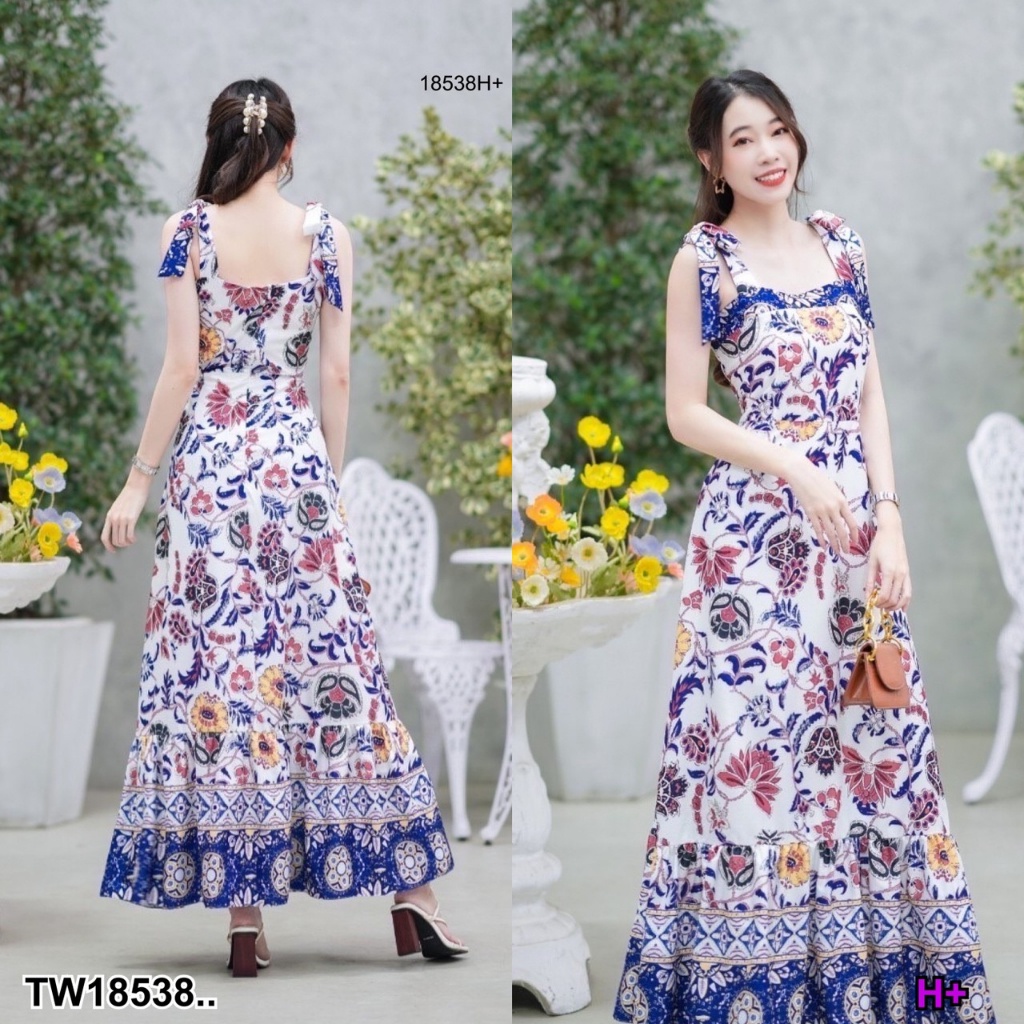 s4u-พร้อมส่ง-maxi-dress-ผูกไหล่ลายดอกผ้าเชิง-แบบผูกเอง-ชุดไปทะเล-ชุดไปเที่ยว-ชุดเดรส-ชุดทำงาน-ชุดเซ็ท