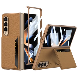 เคสโทรศัพท์มือถือหนัง กระจกนิรภัย กันกระแทก พร้อมขาตั้งวาง และช่องใส่บัตร สําหรับ Samsung Galaxy Z Fold4 Fold 4