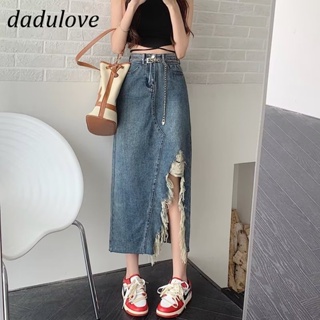 DaDulove💕 2023 New Korean Version Retro Blue Denim Skirt High Waist Slit Hole Skirt WOMENS plus Size Long Skirt