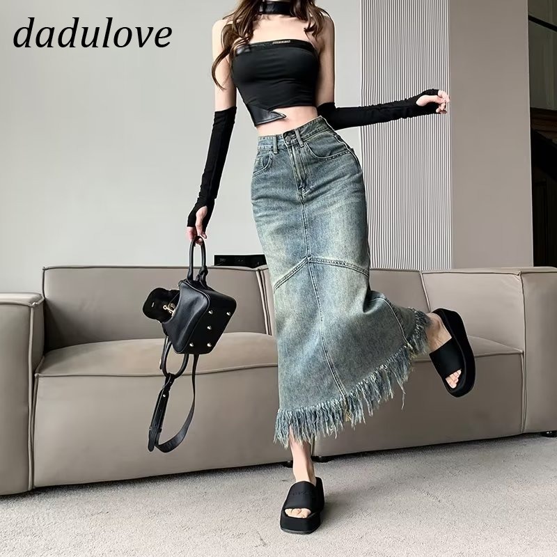 dadulove-new-korean-version-of-raw-edge-denim-skirt-high-waist-small-crowd-a-word-mid-length-skirt-bag-hip-skirt