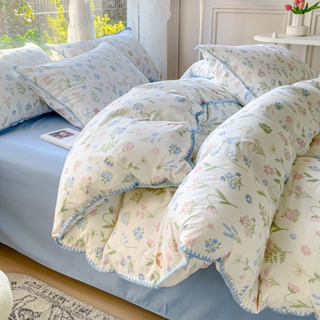 4 IN 1 ชุดเครื่องนอน ผ้าปูที่นอน ปลอกหมอน พิมพ์ลาย สีฟ้าบริสุทธิ์ สําหรับเตียงควีนไซซ์ คิงไซซ์