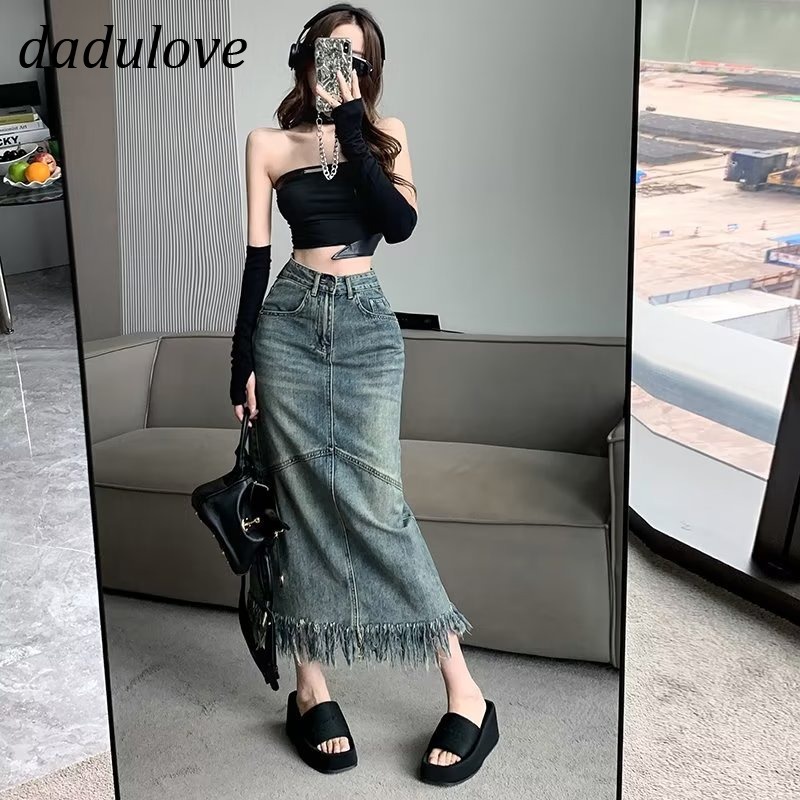 dadulove-new-korean-version-of-raw-edge-denim-skirt-high-waist-small-crowd-a-word-mid-length-skirt-bag-hip-skirt