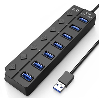 สายเคเบิลแยกฮับข้อมูล USB 3.0 7 พอร์ต พร้อมสวิตช์เปิด ปิด และไฟ LED 5Gbps ความเร็วสูง สําหรับแล็ปท็อป คีย์บอร์ด เมาส์ ไดรฟ์ USB PC