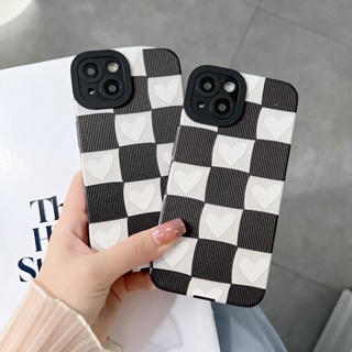 เคสโทรศัพท์มือถือ แบบนิ่ม ลายตาราง หัวใจ สีขาว สําหรับ iPhone 14 13 12 11 Pro MAX X XR XS MAX 7 8 Plus