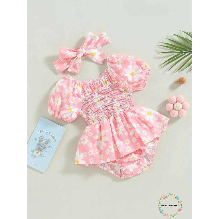 babyclothes-ชุดจั๊มสูทรอมเปอร์-คอกลม-แขนสั้น-พิมพ์ลายดอกไม้-พร้อมที่คาดผม-สําหรับเด็กทารกผู้หญิง