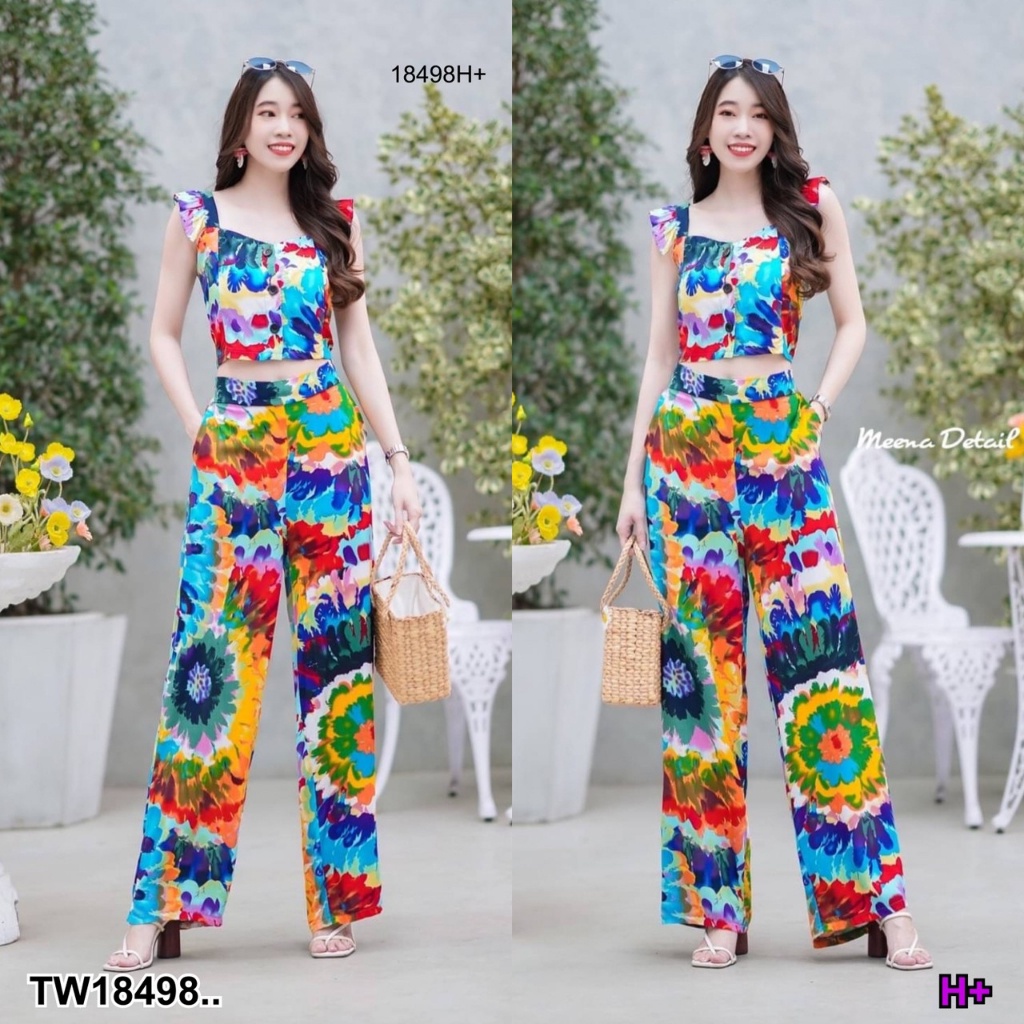 s4u-พร้อมส่ง-set-เสื้อสายเดี่ยวมัดย้อม-กางเกงขายาวมัดย้อม-เสื้อผ้าแฟชั่นผู้หญิง-ชุดไปทะเล-ชุดเซ็ท-ชุดทำงาน-สาวอวบ