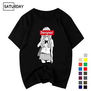 เสื้อยืดแขนสั้นเสื้อยืดผ้าฝ้ายพิมพ์ลาย  Mens Senpai Anime Girl Nerdy Cotton Black Print Tshirt Women Manga Streetwear T