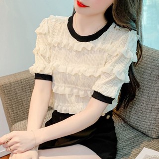 [แนะนําแฟชั่น] ใหม่ เสื้อคอกลม แขนสั้น ผ้าชีฟอง เย็บแต่งระบาย เข้ารูป สไตล์ฤดูร้อน