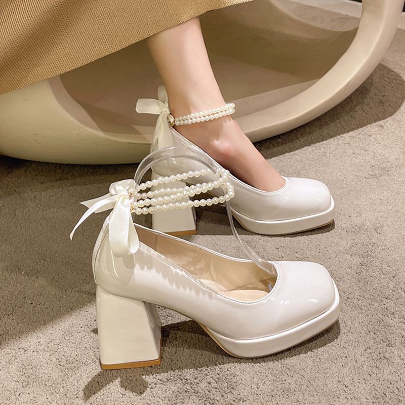 รองเท้าส้นสูงแต่งงาน-รองเท้าเจ้าสาวบล็อกเจ้าหญิงฝรั่งเศสสีขาว