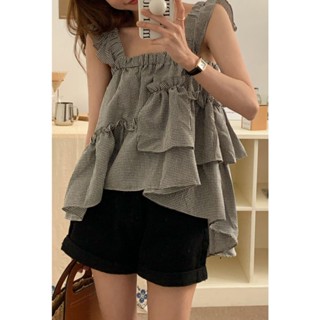 เสื้อสายเดี่ยว แขนกุด ผ้าฝ้าย ลายสก๊อต ทรงหลวม ขนาดเล็ก สไตล์ฝรั่งเศส สําหรับผู้หญิง