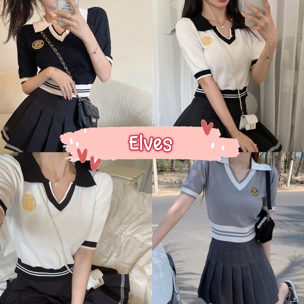 elves-พร้อมส่ง-เสื้อไหมพรมแขนสั้นคอปก-นักเรียนเกาหลีมากแม่-t025-c