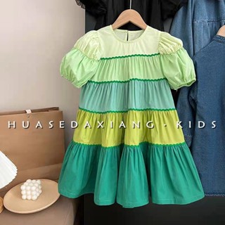 เสื้อผ้าเด็กเกาหลี2023ฤดูร้อนสาวจับคู่สีไล่ระดับลายชุดเดรสเจ้าหญิงเทรนด์แฟชั่น🔥
