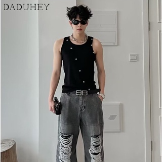 DaDuHey🔥 2023 New Versatile Large Size Sports Sleeveless Bottoming Shirt Mens Summer Korean Style Fashionable Knitted Metal Rivet Design Vest