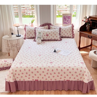 ผ้าคลุมเตียง ผ้าฝ้าย พิมพ์ลายดอกไม้ ประดับโบว์ สองชั้น สําหรับเตียงควีนไซซ์ คิงไซซ์ 1 ชิ้น
