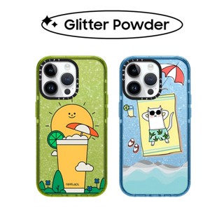 เคสโทรศัพท์ซิลิโคน TPU ลายการ์ตูนแมวชายหาด ประดับกลิตเตอร์วิบวับ สําหรับ iPhone 11 12 13 14 Pro Max