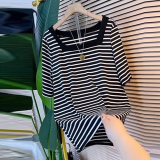 【Tshirt Oversize】เสื้อยืดแขนสั้น คอสี่เหลี่ยม ทรงหลวม พลัสไซซ์ แฟชั่นสไตล์เกาหลี สําหรับผู้หญิง (40-150 กก.)