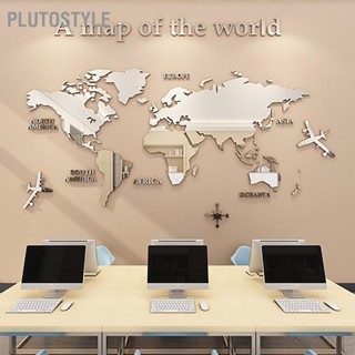 PLUTOSTYLE สติ๊กเกอร์ติดผนังอะคริลิก 3D แผนที่โลกสติกเกอร์ติดกระจกสำหรับสำนักงานห้องนั่งเล่นห้องนอนสีเงิน