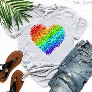 เสื้อยืดแขนสั้น พิมพ์ลายหัวใจ สีรุ้ง สีชมพู สีเทา แฟชั่นฤดูร้อน สไตล์ฮาราจูกุ สําหรับผู้หญิง