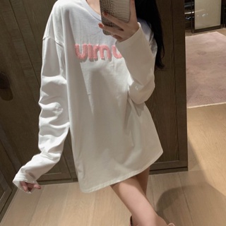 THZA MIU MIU 2023 autumn and winter new pink beaded embroidered letter long-sleeved T-shirt womens fashion all-match round neck long-sleeved top