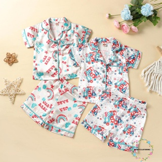 Babyclothes- ชุดนอน เสื้อแขนสั้น พิมพ์ลายตัวอักษร ดอกไม้ สีรุ้ง พร้อมกางเกงขาสั้น สําหรับเด็กผู้ชาย วันประกาศอิสรภาพ