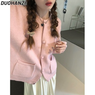 Duohanzi เสื้อแจ็กเก็ตกันหนาว ผ้าถัก ทรงหลวม สีชมพูหวาน สําหรับผู้หญิง
