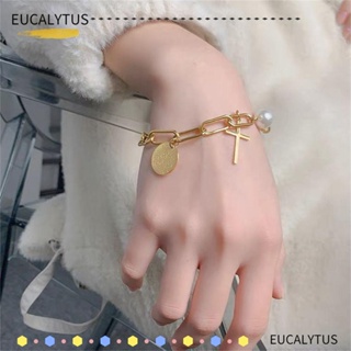 Eutus สร้อยข้อมือ สเตนเลส ประดับมุก สไตล์โกธิค เรโทร สีทอง