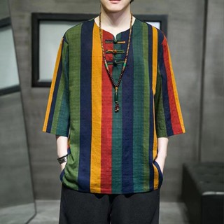 เสื้อยืดแขนสั้น แขนเจ็ดส่วน ผ้าลินิน สไตล์ฮั่นฝู แฟชั่นฤดูร้อน สําหรับผู้ชาย