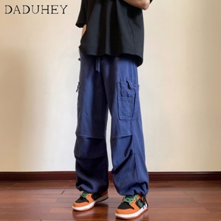DaDuHey🔥  Hong Kong Style Multi-Pocket All-Matching Cargo Pants Mens 2023 New Loose Straight Pure Color Casual Pants